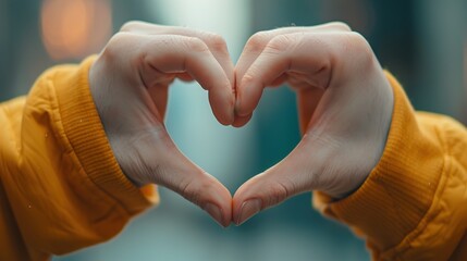 Obraz premium A close-up view of a person's hands forming a heart shape, showcasing love and affection, with a soft blurred background.