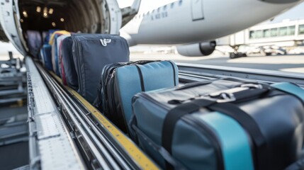 Fototapeta premium A close-up of a baggage conveyor belt loading luggage onto a plane
