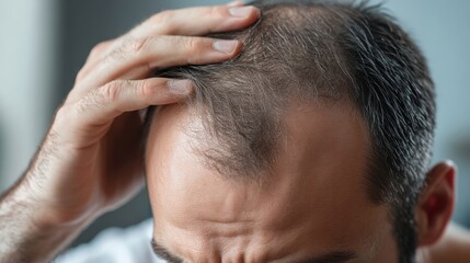 Fototapeta premium A close-up of a man running his fingers through his scalp, noticing hair loss