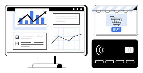 Computer monitor displaying data charts and graphs, a storefront with a shopping cart and BUY button, and a credit card. Ideal for e-commerce, online transactions, digital analytics, business growth