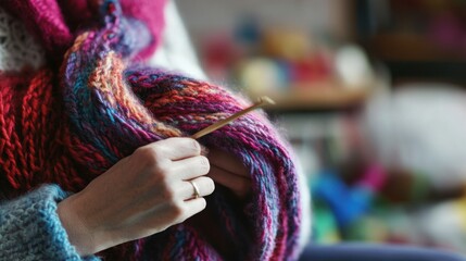 Senior living woman knitting a scarf in a bright, cozy room. Featuring creativity and relaxation