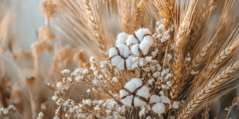 Natural and simple bouquet with wheat, cotton stems, and dried florals.
