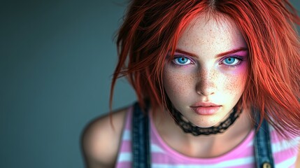 Woman with red hair and blue eyes is wearing a pink and blue striped shirt and a black necklace