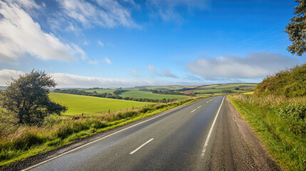 Fototapeta premium Wide road into distance, flanked by green fields and blue sky. High-definition, horizontal composition. Serene beauty.
