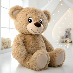 Plush light brown teddy bear sitting in a cozy bedroom with soft lighting