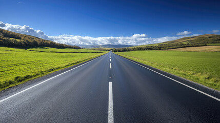 Fototapeta premium Wide road into distance, flanked by green fields and blue sky. High-definition, horizontal composition. Serene beauty.