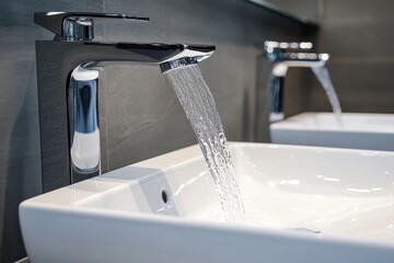 Sleek waterfall faucet elegantly cascading into a pristine white basin, creating a serene bathroom atmosphere.