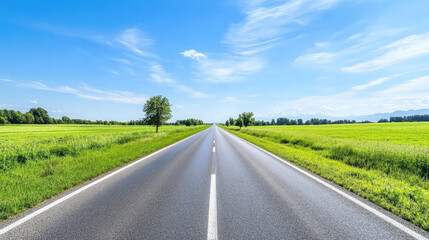 Fototapeta premium Wide road into distance, flanked by green fields and blue sky. High-definition, horizontal composition. Serene beauty.