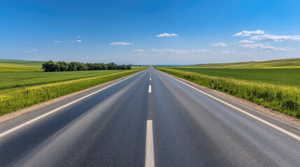 Fototapeta premium Wide road into distance, flanked by green fields and blue sky. High-definition, horizontal composition. Serene beauty.