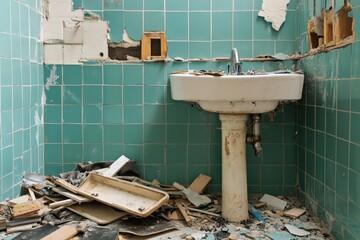 Modern bathroom renovation project with turquoise tiles and debris in progress. Generative AI