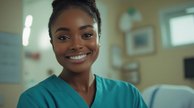 A smiling healthcare professional radiates warmth and compassion. This portrait captures dedication in the medical field. Let kindness and care shine through. Generative AI