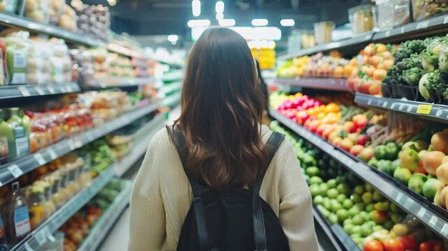Young woman exploring grocery store, selecting fresh produce with focused intent, examining nutrition labels while carrying backpack during mindful shopping journey
