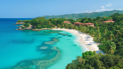 tropical island surrounded by crystal-clear turquoise waters, coral reefs visible beneath the surface, white sandy beaches curving along the shoreline, palm trees