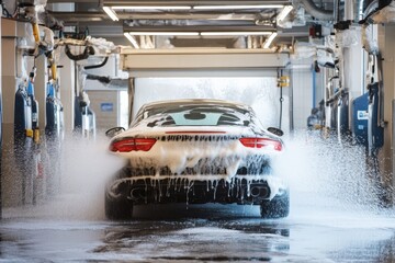 Modern eco friendly car wash showcasing advanced technology with AI watering system in action. Generative AI