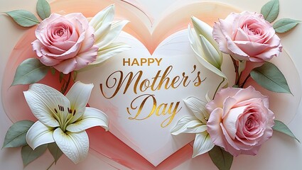A beautiful Mother's Day greeting card featuring pink roses and white lilies arranged around a heart-shaped background with soft pastel hues. The text "Happy Mother's Day" is elegantly written in gold