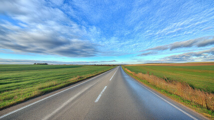Fototapeta premium Wide road into distance, flanked by green fields and blue sky. High-definition, horizontal composition. Serene beauty.