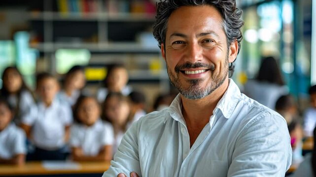 Confident latin teacher standing with crossed arms, smiling warmly near elementary students in colorful classroom environment