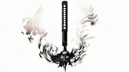 Oni Mask and Katana Sword - Japanese Samurai Art Design