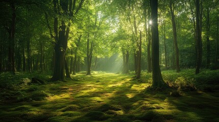 Obraz premium A beautiful woodland clearing bathed in soft sunlight with dense trees surrounding it and patches of green moss on the ground.