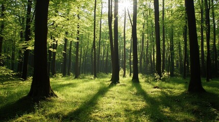 Fototapeta premium A bright woodland in the spring with fresh green leaves, and soft sunlight casting gentle shadows on the forest floor.