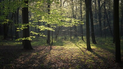 A bright woodland in the spring with fresh green leaves, and soft sunlight casting gentle shadows on the forest floor.