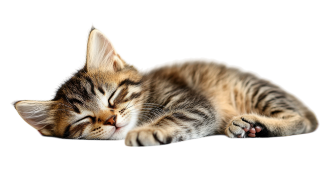 Sweet tabby kitten peacefully sleeping on a soft surface in a bright, cozy room during the afternoon