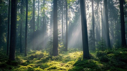 Obraz premium A calm and peaceful evergreen forest with sunlight streaming through the tree canopy, illuminating the forest floor.