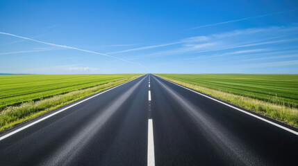 Fototapeta premium Wide road into distance, flanked by green fields and blue sky. High-definition, horizontal composition. Serene beauty.
