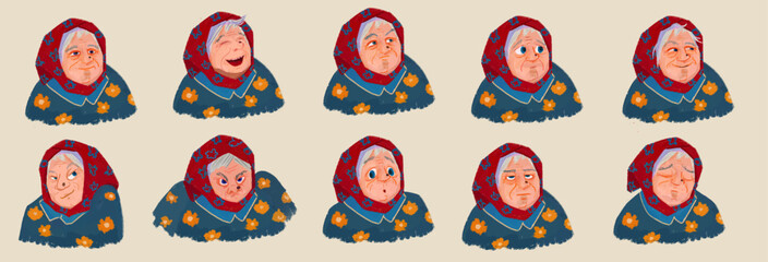 Portrait of an old lady. Image of 10 different emotions on the face isolated on a transparent background. Mood set of a cute Slavic grandmother wearing a floral scarf on her head. Psychological collec