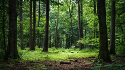 Fototapeta premium A charming woodland with thick greenery, towering trees, and a soft carpet of leaves and pine needles beneath.