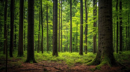 Obraz premium A charming woodland with thick greenery, towering trees, and a soft carpet of leaves and pine needles beneath.