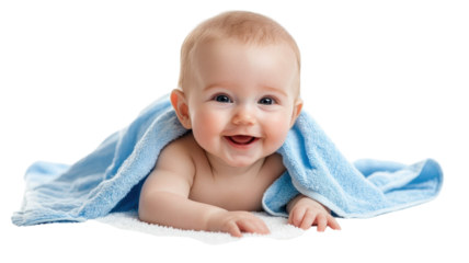 Happy baby playing on soft white surface covered with blue towel, smiling with joy and excitement during a cozy afternoon