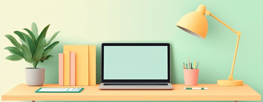 Scandinavian office Bright and modern workspace featuring a laptop, lamp, books, and plant, perfect for productivity and creativity.