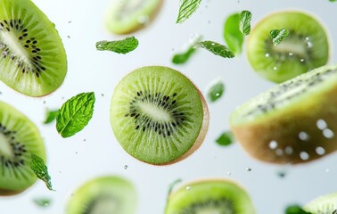 Slices of kiwi and mint leaves floating in the air