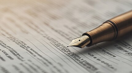 Fototapeta premium A close-up of a financial newspaper with a fountain pen resting on it, symbolizing market analysis.
