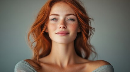 Naklejka premium Woman with red hair and a smile on her face. She is wearing a gray shirt. Concept of happiness and warmth