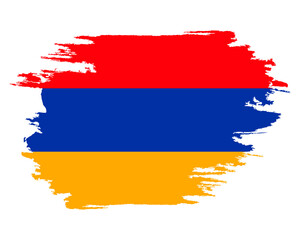 Brush painted flag Armenia. Grunge flag Armenia. Watercolor drawing national flag Armenia. Independence Day. Banner, poster template. National flag Armenia with coat arms.