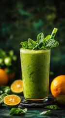 Fruit smoothie beverage wellness trend concept. A refreshing green smoothie garnished with mint sits in a glass, surrounded by fresh oranges and leafy greens, evoking a vibrant, healthy vibe.