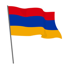 Flag Armenia fluttering. Official flag Armenia flies on a flagpole. Independence Day. Banner, poster template. National flag Armenia with coat arms. Wavy flag Armenia.