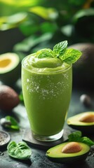 Fruit smoothie beverage wellness trend concept. A refreshing green smoothie garnished with mint, surrounded by fresh avocados on a dark surface, highlighting a healthy lifestyle.