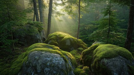 A close-up of evergreen trees in a dense forest, with moss-covered rocks and sunlight filtering through the branches.