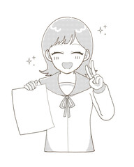 笑顔で結果を見せる女子学生