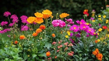 Fototapeta premium A collection of different flowering plants in a garden, creating a stunning burst of color against a green backdrop.