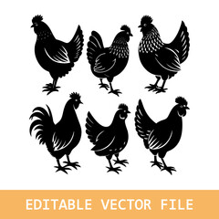 Chicken silhouettes set, bird pack of vector silhouette design