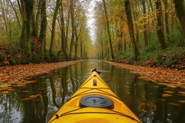 Fototapeta premium Narrow winding river adorned with autumn leaves, highlighting an outdoor kayaking adventure. Generative AI
