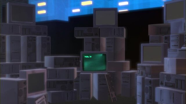 3D animation of a room with old computers and an inscription on the screen, hello world. Old style computer typeface writing hello world on screen.