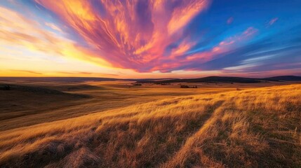 A colorful sunset sky over a vast open field, casting long shadows and a warm glow across the landscape.