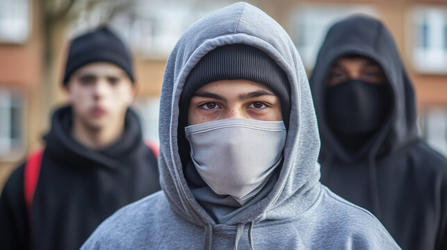 A group of youths wearing hoodies look to camera in a bleak urban setting, there is a sense of danger or criminal intent, gang activity.