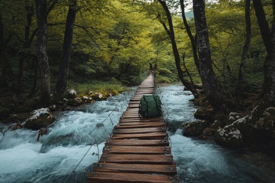 Wooden bridge suspended over rushing water surrounded by lush greenery in a tranquil forest setting. Generative AI - Powered by Adobe