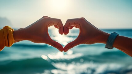 Two people are holding hands and making a heart shape in the water. The scene is peaceful and romantic, with the ocean as the backdrop
